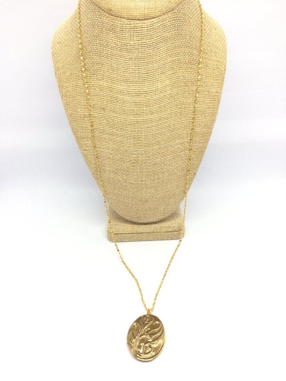 VINTAGE GOLD TONE Locket Necklace Flower Victorian Revival Oval Scroll Etched